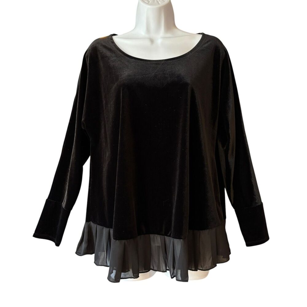 Marla Wynne Velour Velvet Chiffon Hem Tunic Top Size Small Black Lightweight NWT
